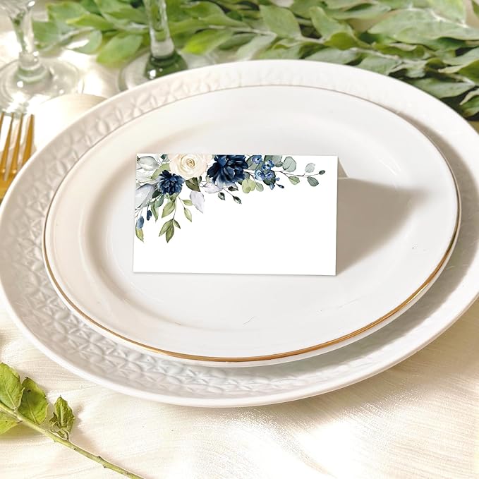 Whaline 100Pcs Floral Place Cards 2 x 3.5 Inch Watercolor Blue White Flower with Leaves Tented Seating Cards for Wedding Bridal Shower Party Table Setting