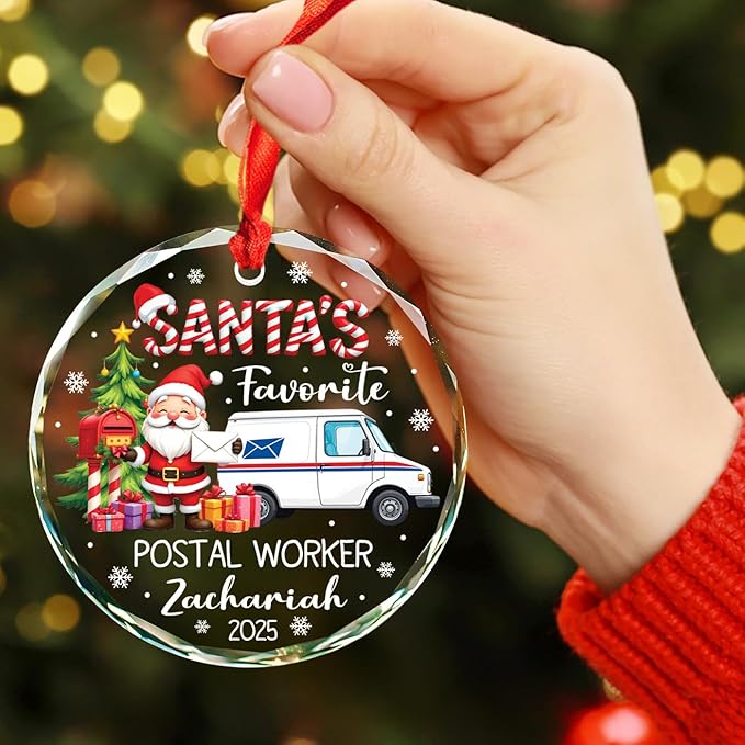 Santa's Favorite Postal Worker Christmas Glass Ornament 2025, Gifts for Mail Carrier Service, Custom Name & Year for Xmas Tree Decor, Personalized Merry Christmas Postal Worker Ornament Gift Ideas