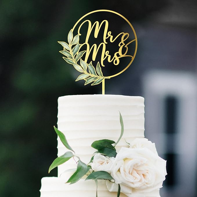 Mr & Mrs Cake Topper Gold Acrylic Greeny Wedding Cake Topper Decoration (Design 02)
