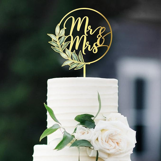 Mr & Mrs Cake Topper Gold Acrylic Greeny Wedding Cake Topper Decoration (Design 02)
