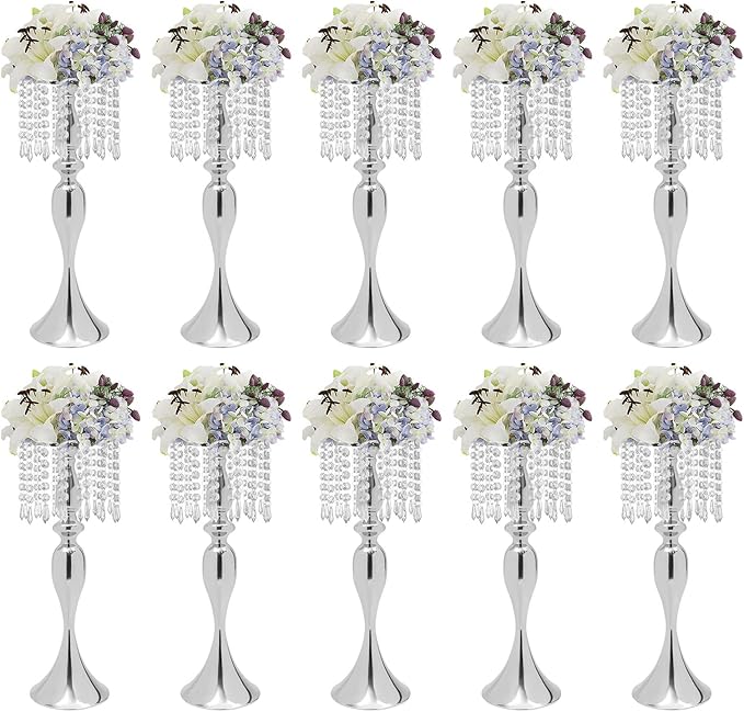 Wedding Centerpieces Gold Vases,10PCS Metal Flower Candle Holder with Sparkling Crystal Beads,Crystal Flower Vase Metal Flowers Stand for Party Tables Decorations (10PCS-Sliver-17cm)