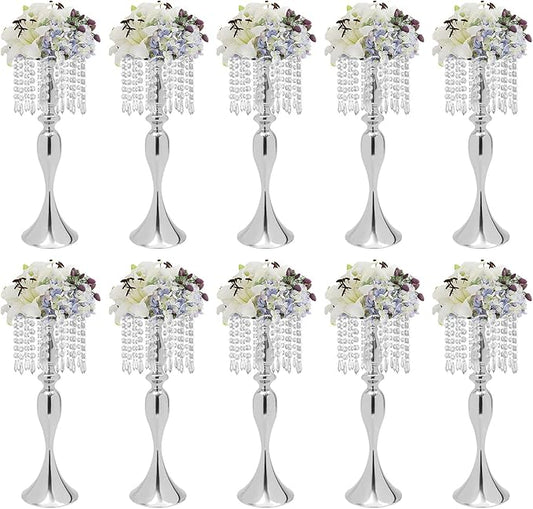 Wedding Centerpieces Gold Vases,10PCS Metal Flower Candle Holder with Sparkling Crystal Beads,Crystal Flower Vase Metal Flowers Stand for Party Tables Decorations (10PCS-Sliver-17cm)