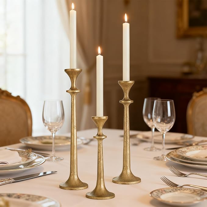 Gold Taper Candle Holders Set of 3 Heavy Cast Iron Antique Brass Candlestick Holder for Table Centerpiece Vintage Decorative Candelabra for Home Decor Fireplace Wedding Holiday Christmas Halloween