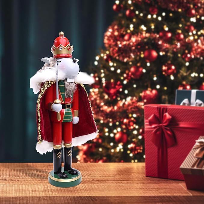 11" Wooden Mouse King Nutcracker, Festive Christmas Decoration, Handcrafted Mouse Themed Nutcracker Collectible Christmas Decor for Tabletop, Shelves, and Fireplace Mantel