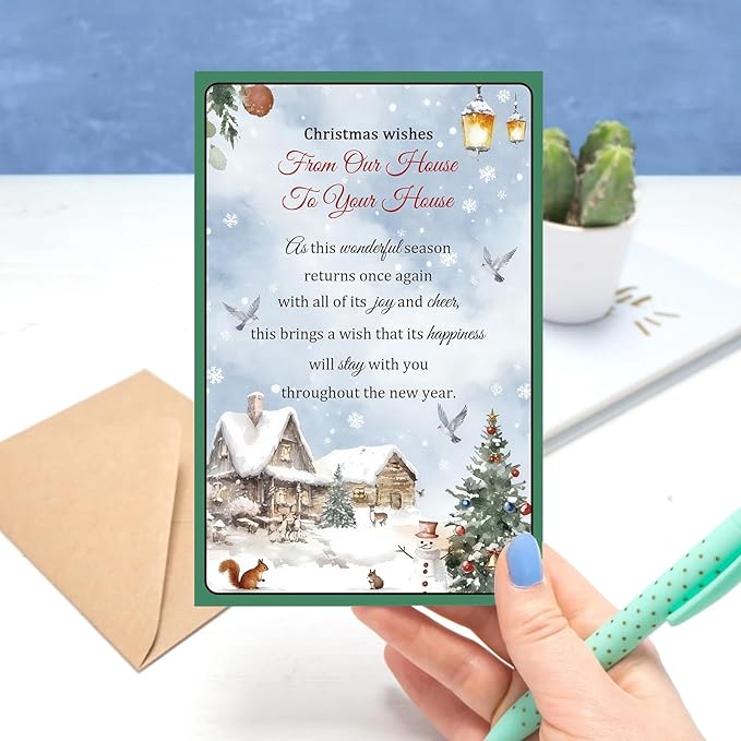 Christmas Card for Neighbors, Friends & Family, Holiday Greeting Card with Heartfelt Merry Christmas and Happy New Year Wishes, From Our House To Your House