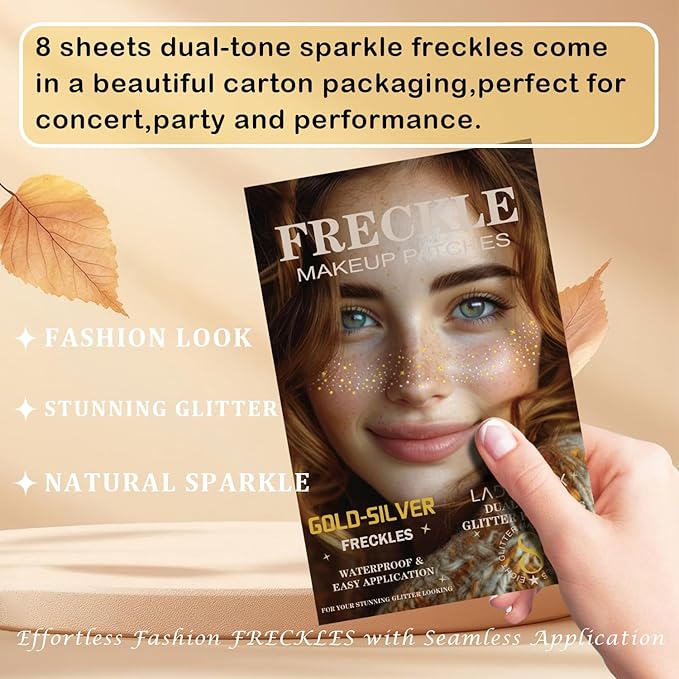 8 Pcs Gold Face Makeup Patches, Gold and Silver Glitter Freckles Face Tattoo, Glitter Freckles, Sparkle Makeup Patches, Waterproof Face Glitter Temporary Tattoos for Women
