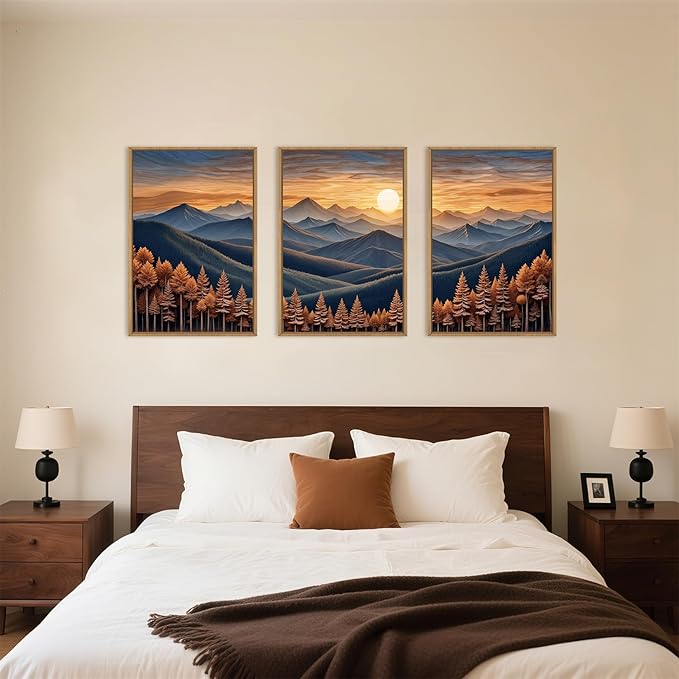 HOURIA Large Woodland Mountain Sunset Framed Canvas Wall Art Set,Wilderness Wooden Forest Landscape Wall Decor,Nature Botanical Artwork,Boho Pine Tree Art Print for Living Room,Bedroom-24 x36 x3