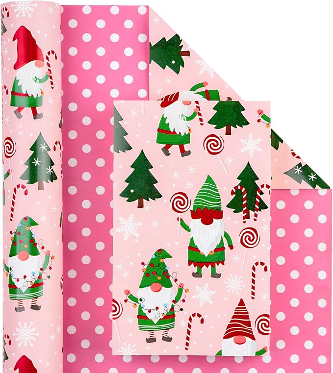 WRAPAHOLIC Reversible Gnome Christmas Wrapping Paper - Mini Roll - 17 Inch x 33 Feet - RRed Green Gnome Wrapping Paper and Pink White Polka Dots for Christmas, Holiday, Party