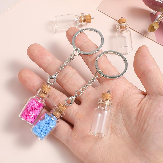 10 Pcs Mini Bottles with Cork, 2ml Tiny Jars with Lids and Keychains Empty Spell Jars Glass Wishing Bottles for DIY Crafts Wedding Halloween Chrismas Hanging Ornaments