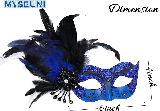 2025 New Blue and Black Masquerade Mask for Women with Feathers - Womens Mascarade Venetian Mask for Masquerade Party, Mardi Gras, Halloween Cosplay Prom, Christmas