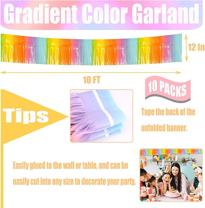 6 Pack 10 Feet Foil Fringe Garland Metallic Tinsel Streamers Banner Wall Hanging Curtain Backdrop for Parade Floats, Bachelorette, Wedding, Birthday, Easter, Christmas Party Decorations(Rainbow)