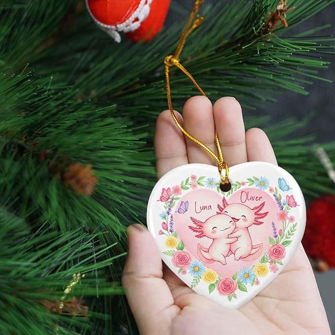 Personalized Axolotl Couple 1St Xmas Ornament, Funny Couple Ornament Gift for Mr Mrs Husband Wife, Married Couples Christmas Tree Decoration, Custom Names Sea Axolotl Ceramic Ornaments Xmas