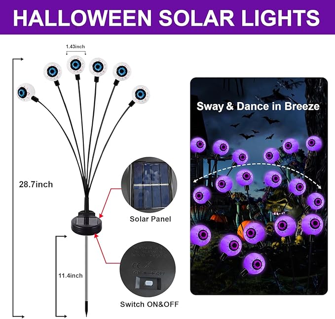 AIKEI Halloween Decorations Outdoor, Solar Scary Eyeball Lights Swaying by Wind, 4 Pack 24 LED Solar Halloween Lights,Waterproof Halloween Decor for Yard Lawn Garden Party Supplies, Purple