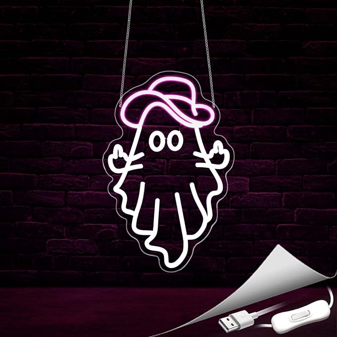Cowboy Ghost Neon Sign, Neon Signs for Wall Decor Neon White Pink LED Signs Room Neon Light Up Signs Home Decor for Bedroom Club Party Bar Shop USB Operated