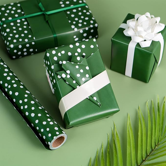 WRAPAHOLIC Reversible Wrapping Paper - Mini Roll - 17 Inch X 33 Feet - Dark Green and Delicate Polka Dots Design for Birthday, Holiday, Wedding, Baby Shower