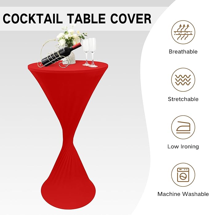 2PCS 24x43 Inch Round Fitted Cocktail Table Cover Red Spandex Cocktail Table Cloth Highboy Fitted Tablecloth High Top Table Cloths for Party Pub Banquet Bistro