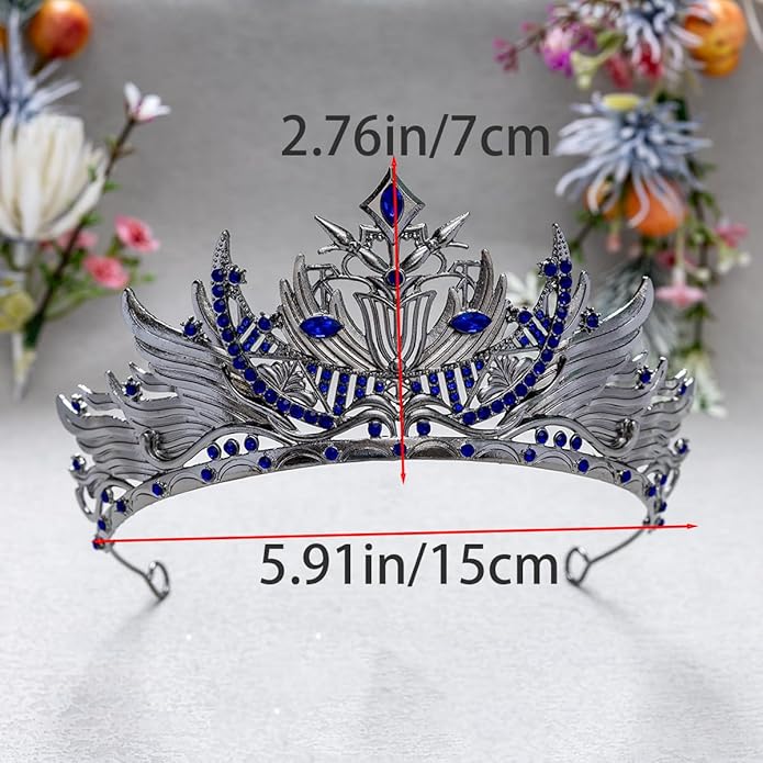 Gothic Red Crystal Flame Wing Tiara Crown for Women Girls, Halloween Cosplay Dark Queen Headpiece, Vintage Rhinestone Headband for Masquerade Party Wedding Prom Stage Accessories