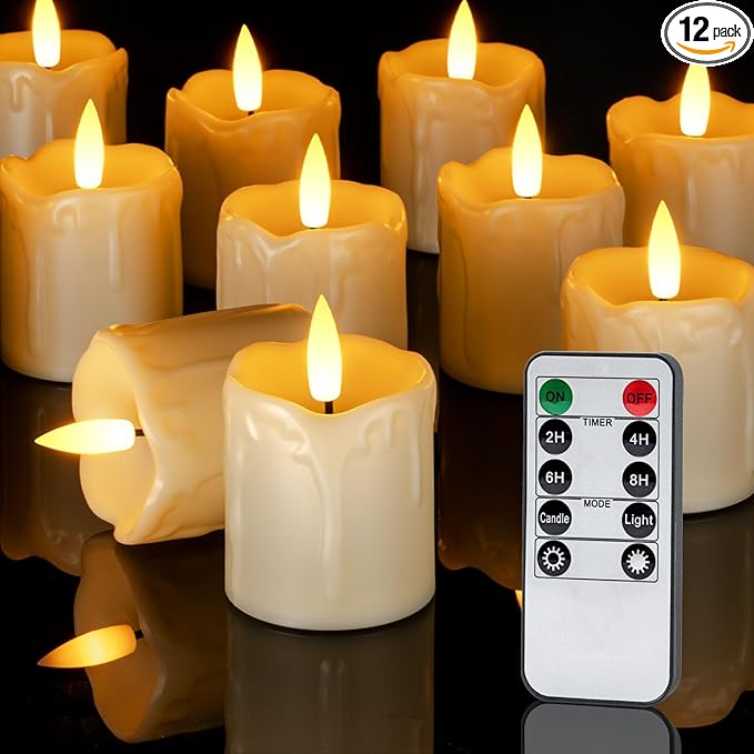 Homemory 12Pack 2" x 2" Timer Remote Control Flameless Votive Candles, Realistic Battery Operated Fake Candles for Christmas, Wedding, Home Decorations