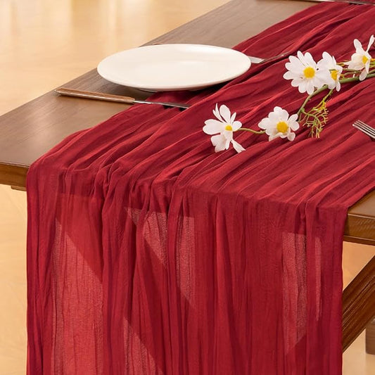 Socomi Red Fall Thanksgiving Cheesecloth Table Runner Boho Rustic Gauze 120 inch 10FT Cheese Cloth Runner for Wedding Party Baby Shower Birthday Home Decor Holiday Decorations