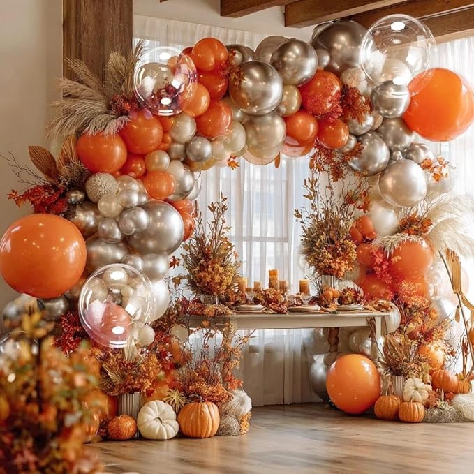 Orange Silver Balloon Double Stuffed Burnt Orange Metallic Silver Balloons Different Sizes Latex Balloons Garland for Fall Thanksgiving Birthday Baby Shower Halloween Anniversary Party Decorations