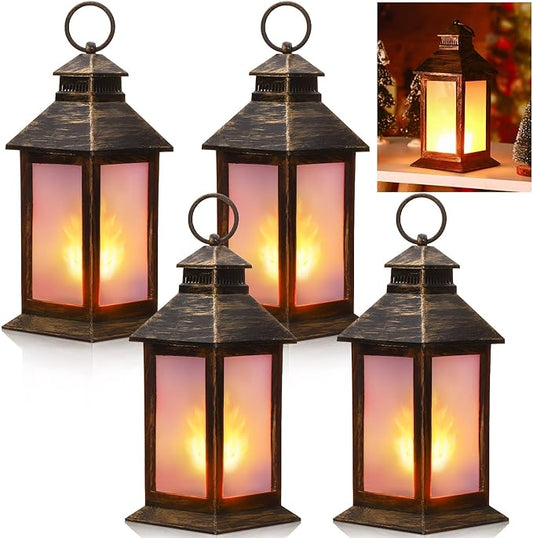 Tondiamo 4 Pcs Vintage Decorative Lantern for Centerpiece Wedding Tall Retro Hanging Lantern LED Pillar Candles Battery Operated Candles Waterproof for Christmas Indoor Party Decoration(Bronze)