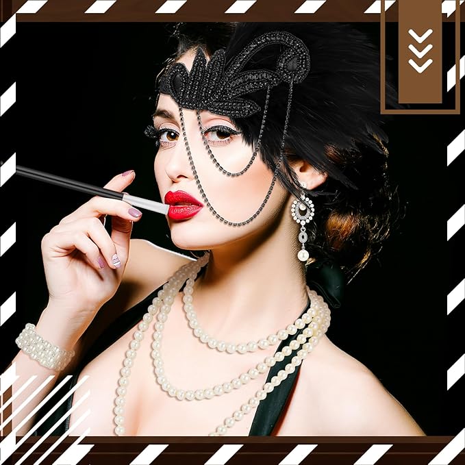 Maitys 1920s Accessories Set for Women Flapper Costume Feather Headband Necklace Bracelet Earrings