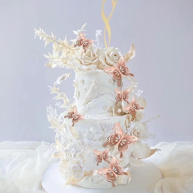 40 PCS Rose Gold Lively 3D Butterfly Cupcake Toppers Hollow Art Butterfly Cake Topper Decorations for Baby Shower Wedding Anniversary Kids Birthday Party Supplies Mixed Size