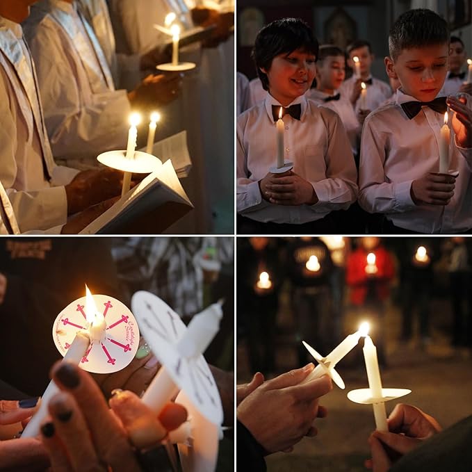 50 Church Candles with Drip Protectors for Devotional Candlelight Vigil Service, Box of 50 Candles, Unscented White 5" H X 1/2" D, No Smoke