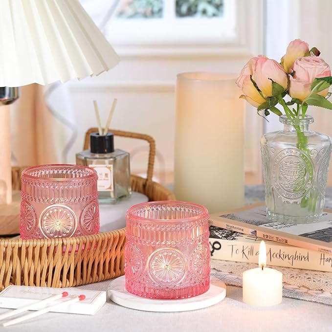 6Pcs Large Votive Candle Holders Pink Glass Tealight Candle Holders for Wedding, Table Centerpiece, Party, Birthday, Home Decor