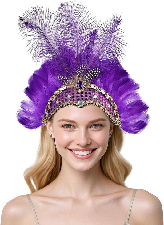 Women's Carnival Feather Headpieces Sequin Headdress for Wedding Masquerade Party Cosplay Feather Headbands