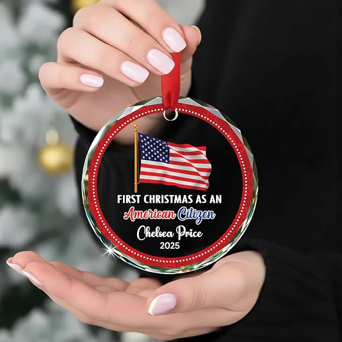 Personalized First Christmas As an American Citizen Ornament 2025, Custom Year & Name New American Citizen Glass Xmas Ornaments Gift, New US Keepsake Ornament for US Citizenship Immigrant Congrats