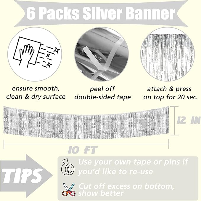 6 Pack 10 Feet 2024 New Year Foil Fringe Garland Metallic Tinsel Banner Wall Hanging Curtain Streamers Backdrop for Parade Floats Bachelorette Wedding Birthday Party Christmas Decorations(Silver)