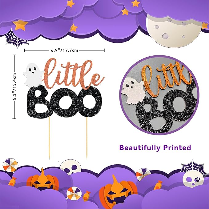 Halloween Little Boo Cake Topper Happy Boo Day Ghost Cake Topper, Ghost Halloween Baby Shower Cake Picks for Halloween Birthday Baby Shower Party Supplies (Little-1)