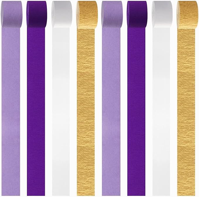 Purple-Gold Party Decorations Crepe-Paper Streamers - 8 Rolls White Purple Lavender Graduation Steamer Woman Birthday Wedding Bridal Shower Paper Garland Mothers Decor Panduola