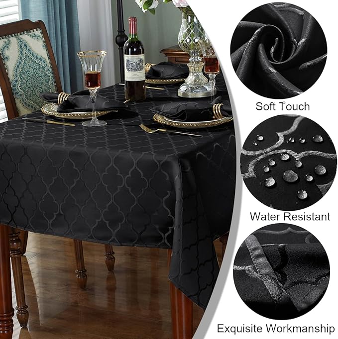SASTYBALE Jacquard Tablecloth Rectangle Damask Pattern Table Cloth Spill-Proof Wrinkle Resistant Polyester Table Cover for Kitchen Dining Tabletop (Oblong, 60" x 102" (8-10 Seats), Black)