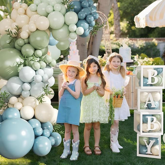 Dusty Blue Sage Green Balloon Baby Shower Decorations, 132Pcs Fog Blue Light Blue Green Sand White Balloon Arch Garland Kit Baby Box with Letters for Boho Baby Shower Gender Reveal Party Decorations