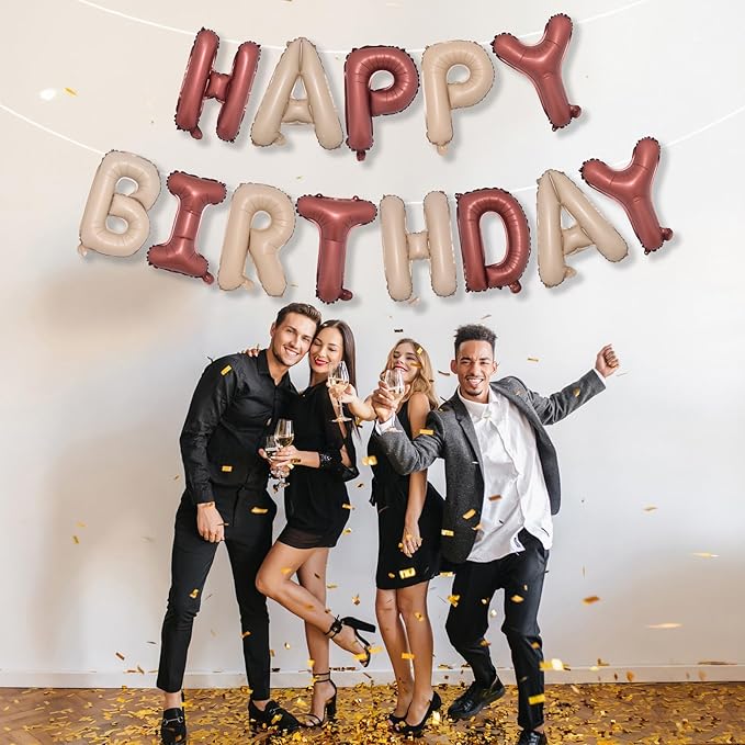 Happy Birthday Balloon Banner, 16 Inch Nude Brown Tan Happy Birthday Foil Balloon, Brown Beige Neutral Happy Birthday Bunting Banner Letter Balloons for Boys Men Birthday Party Decorations Supplies