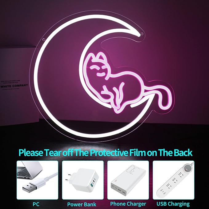 Neon Sign, HSJNJKFU Moon Cat Neon Signs for Wall Decor White Pink LED Cat Signs for Man Cave Room Home Party Birthday Beer Signs - Neon Light USB Powered
