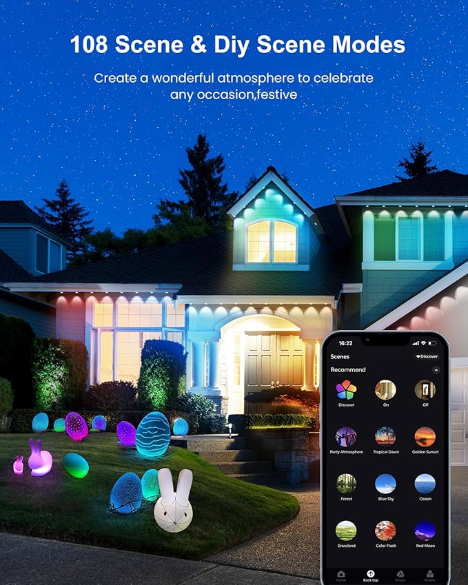 Permanent Outdoor Lights for House, 100ft 60LED Smart RGBW+IC Outdoor Christmas Lights with APP/Remote Control, DIY Scene, IP67 Waterproof Under Eaves Lighting for Holiday & Daily Decor