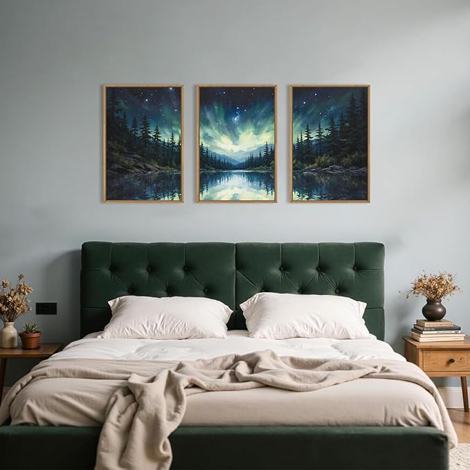 HOURIA Northern Lights Forest Lake Framed Canvas Wall Art Set,Aurora Borealis Mountain Wall Decor,Night Sky Reflective Water Artwork,Modern Wilderness Landscape Prints for Living Room,Office-16"x24"x3