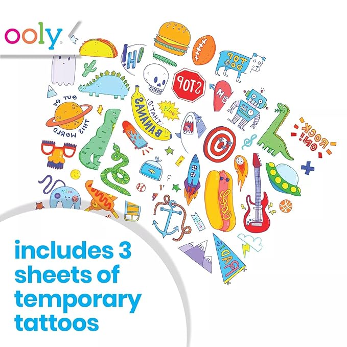 Ooly 50 Temporary Tattoos For Kids, Safe & Non-Toxic Temporary Tattoo, Party Favors Gifts for Kids, Great Goodie Bag Stuffers & Fun Birthday Decorations - Awesome Doodles