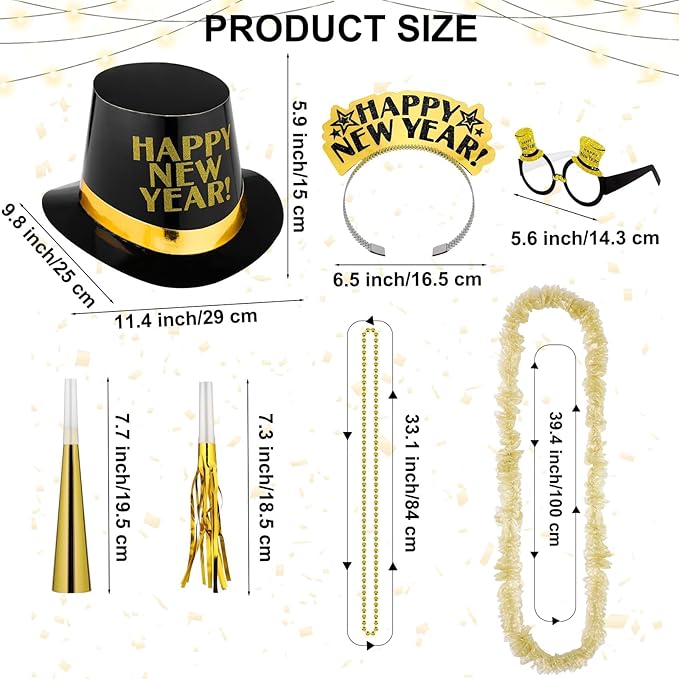 Fovths 132 Pieces 2026 New Years Eve Party Supplies Includes Glasses Top Hats Headband Noisemakers Horns Bead Necklaces Plastic Leis New Year Party Favors for Celebration Decoration Gift