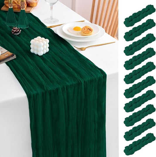 10 Pack Emerald Green Table Runner 120 Inch Cheesecloth Table Runner 10FT Boho Gauze Table Runner Long Cheese Cloth Table Runner Semi Sheer Runners for Wedding Bridal Baby Shower Party
