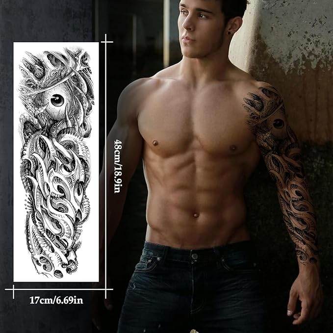 12 Sheets Black Large Full Arm Temporary Tattoos Adults, Waterproof Realistic Totem Flower Myth Angel Skull Fake Tattoos, Eagle Dragon Horse Tattoo Kits Parties Festivals Cosplay BBQ Pool Beach Party