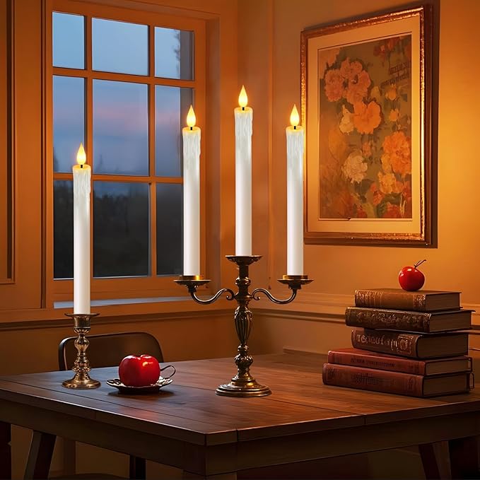 OCATO Flameless Candles with Remote Timer: 8 Pcs Battery Operated Window Candles 9.6" Real Wax LED Flickering Flameless Taper Candles 3D Wick Lights Halloween Christmas Wedding Party Decorations White