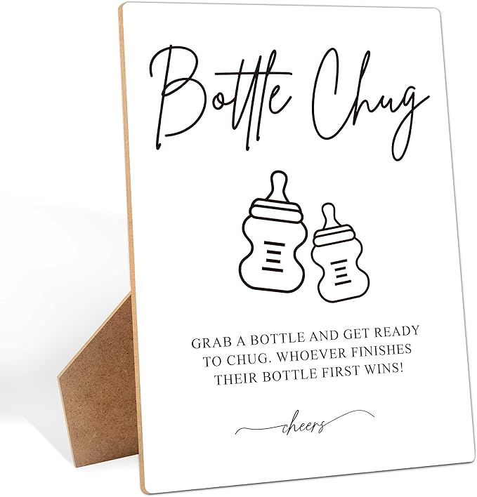 Baby Shower Game Bottle Chug Sign, 8×11 Inches Wooden Sign With Stand, Gender Neutral Tabletop Decor for Gender Reveal Party Decorations, Baby Shower Favor Supplies for Boy Girl-11