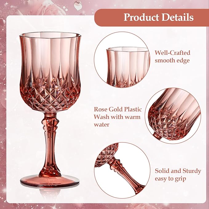 XUWAIDSGN 16 Pcs 7oz Plastic Vintage Wine Glasses Drinking Glasses Unbreakable Wedding Glassware Crystal Water Goblets Reusable Drinkware Vintage Champagne Flutes (16, Rose Gold)