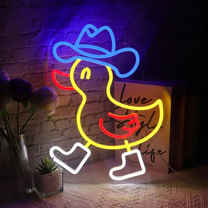 Cowboy Duck Neon Light Sign,Kids Room Decor Neon Lignt,Led Funny Animal Neon Wall Sign,Hanging Neon Light For Nursery Office Bedroom Living Room Farmhouse Wall Decor