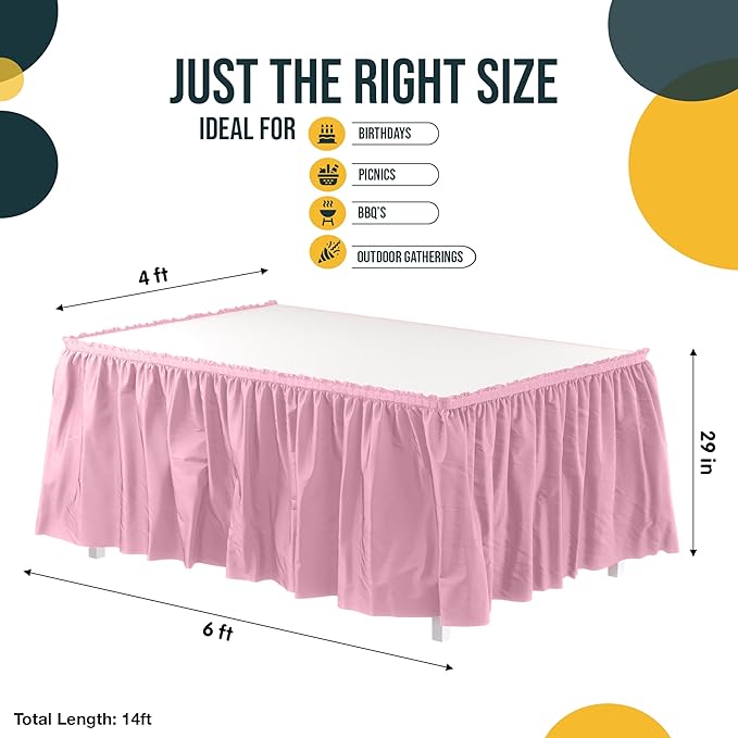 Exquisite Ruffle Table Skirt Pink 48 Pack 14 Ft Long Table Skirts for Rectangle Tables 6ft Plus or Round Tables Skirts with Adhesive Strip for Gender Reveal Decor & Happy Birthday Parties