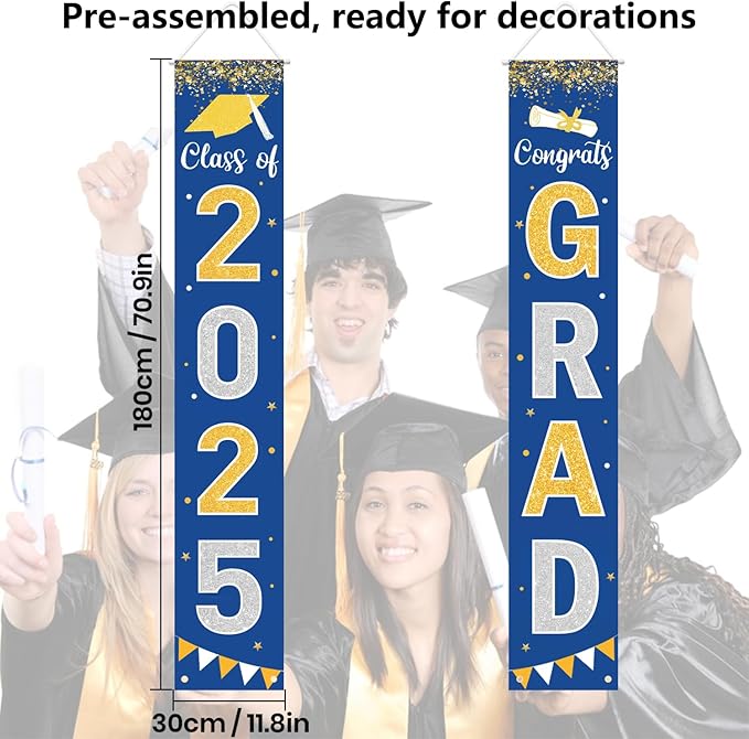 Graduation Decorations 2025 GRAD Banner Blue Porch Door Sign Welcome Banner For Indoor Outdoor Wall Graduation Decorations Class of 2025